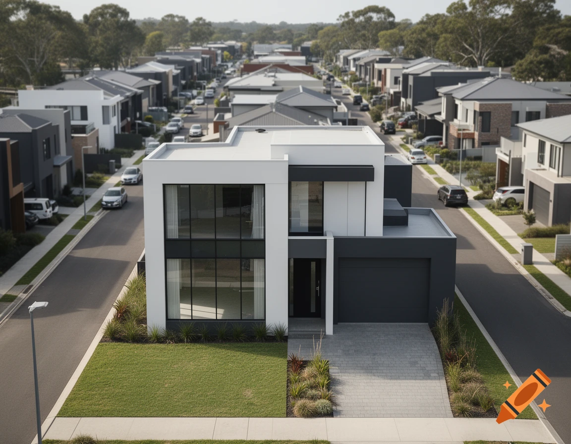 Aerial view of a modern two-story white and dark gray house in a quiet suburban neighborhood lined with other homes and parked cars.