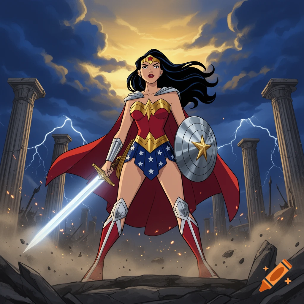 Wonder Woman in animated comic book style, holding a sword and shield amidst ruined classical pillars and stormy skies.
