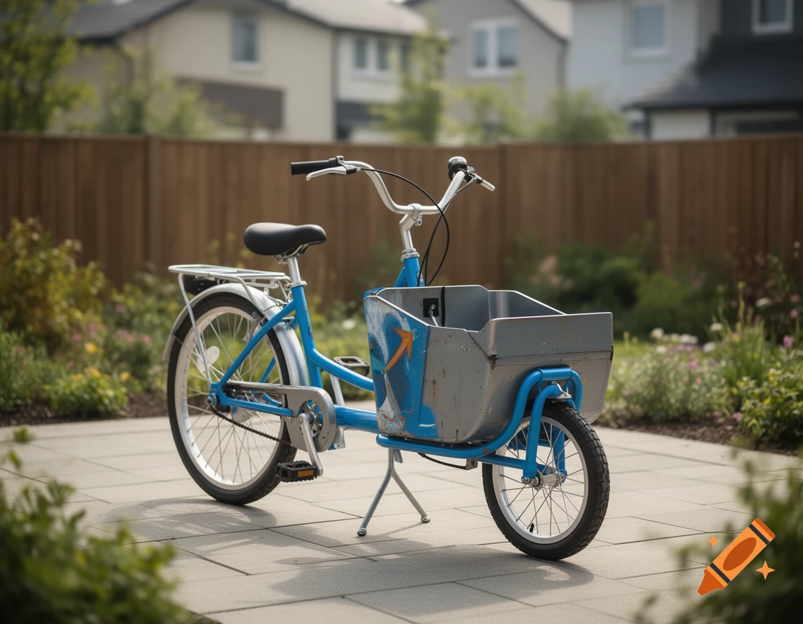 Photorealistic cargo bicycle with a large metal box in front, parked on paved tiles in front of a suburban house.