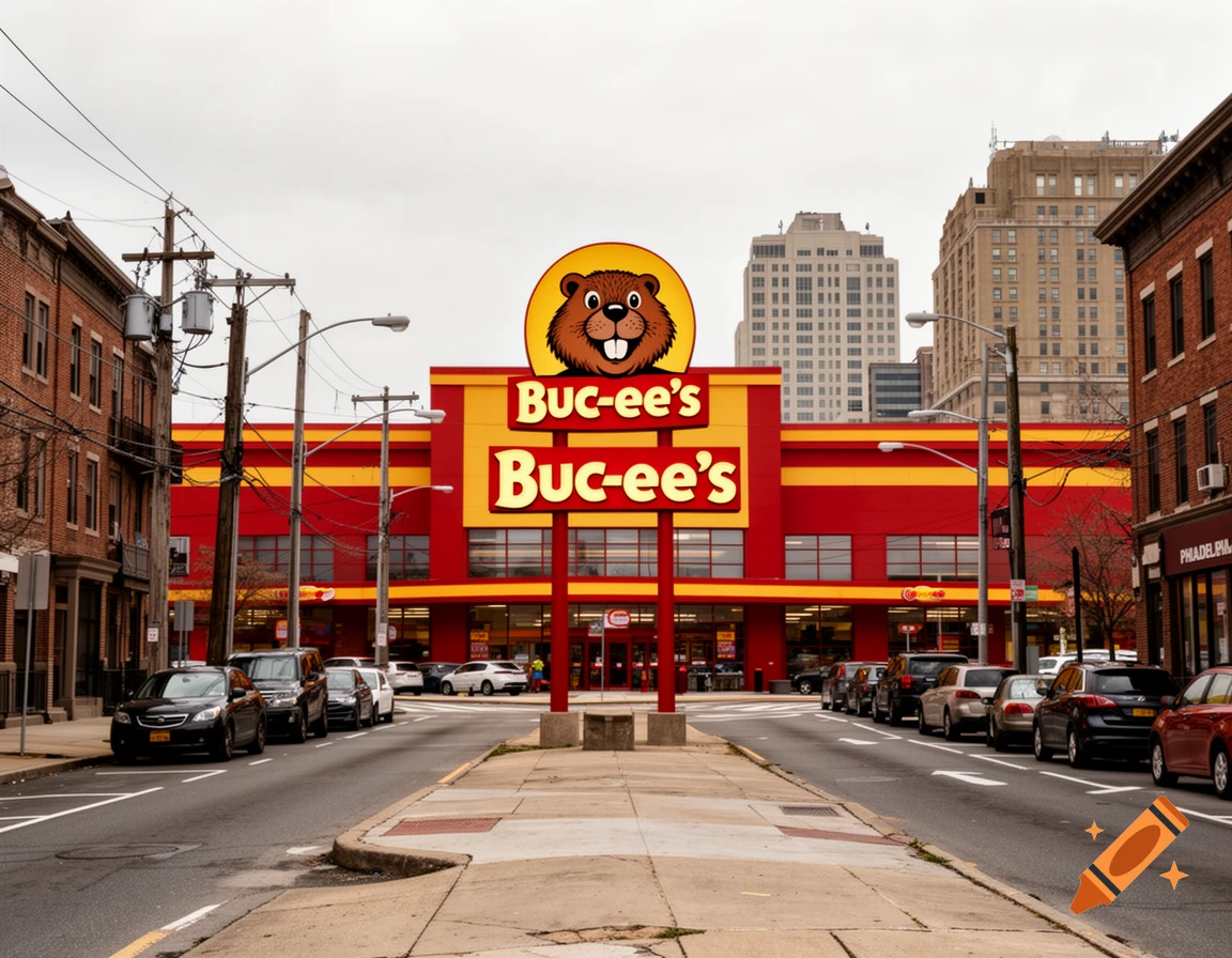 Photorealistic image of a Buc-ee's convenience store situated on a city street in Philadelphia with parked cars.