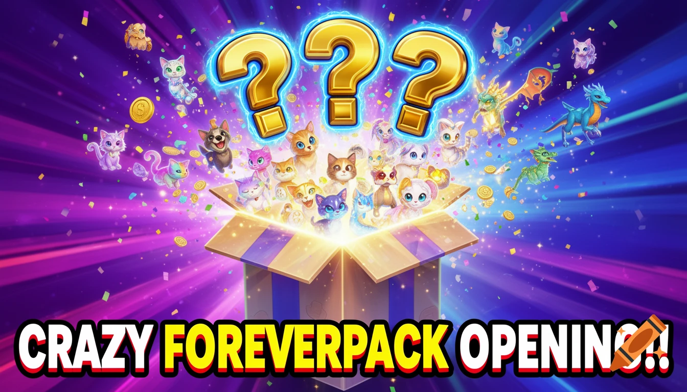 YouTube thumbnail with a treasure box opening, three question marks, colorful falling pets, and text reading CRAZY FOREVERPACK OPENING!!