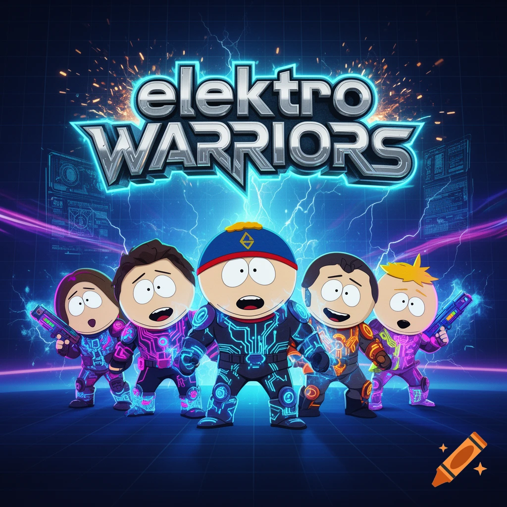 South Park style characters in futuristic glowing Tron-like armor with the title Elektro Warriors above them.