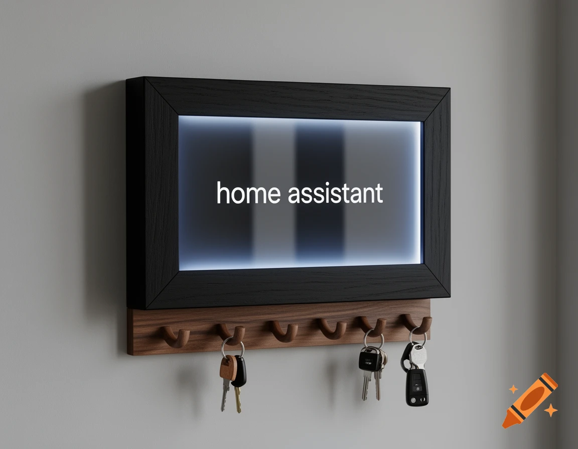 Photorealistic image of a black wooden frame wall-mounted display showing home assistant text, with a wooden key rack below holding keys.