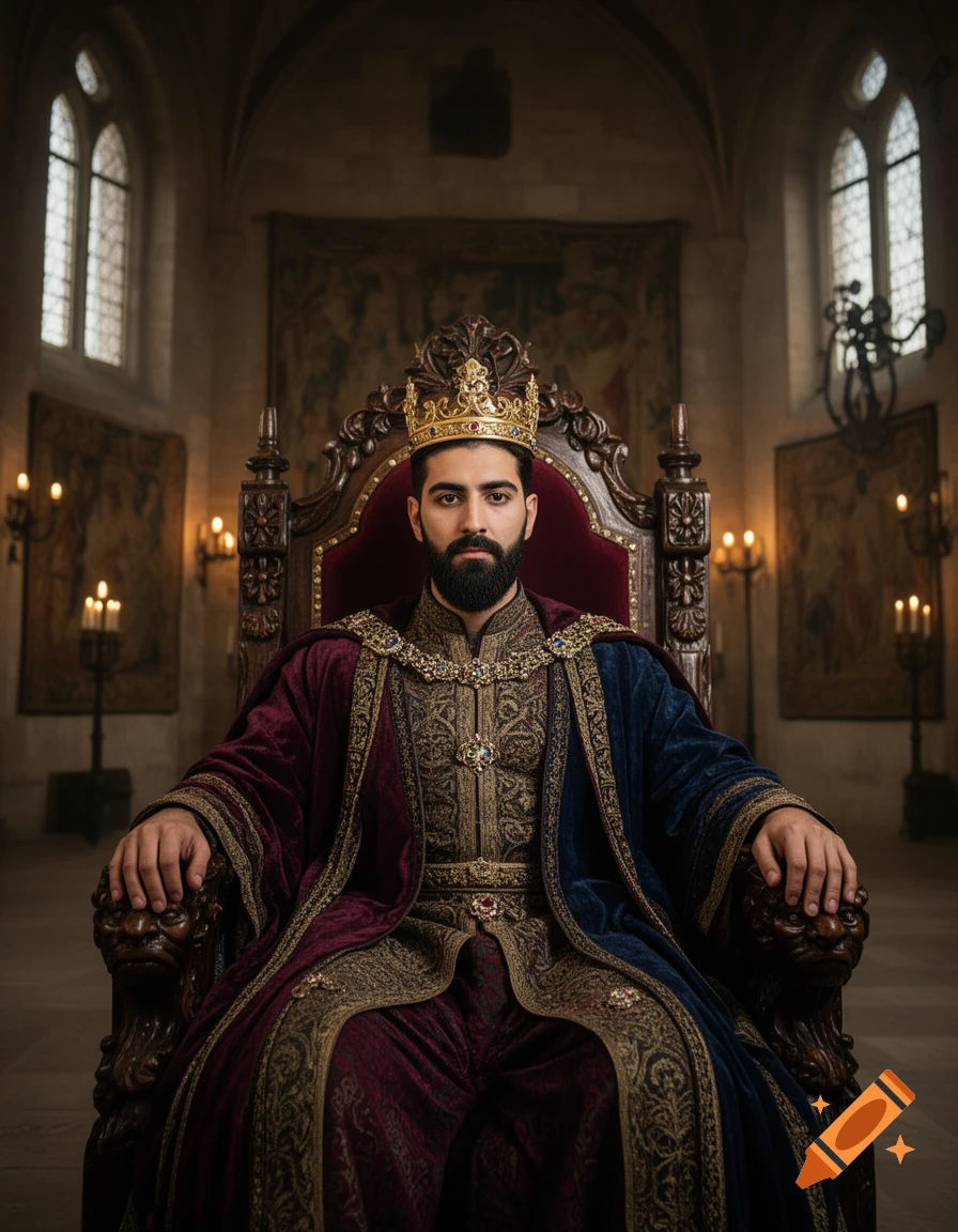 Photorealistic portrait of a Middle Eastern man with a beard and crown, wearing royal robes and sitting on a throne in a medieval castle.
