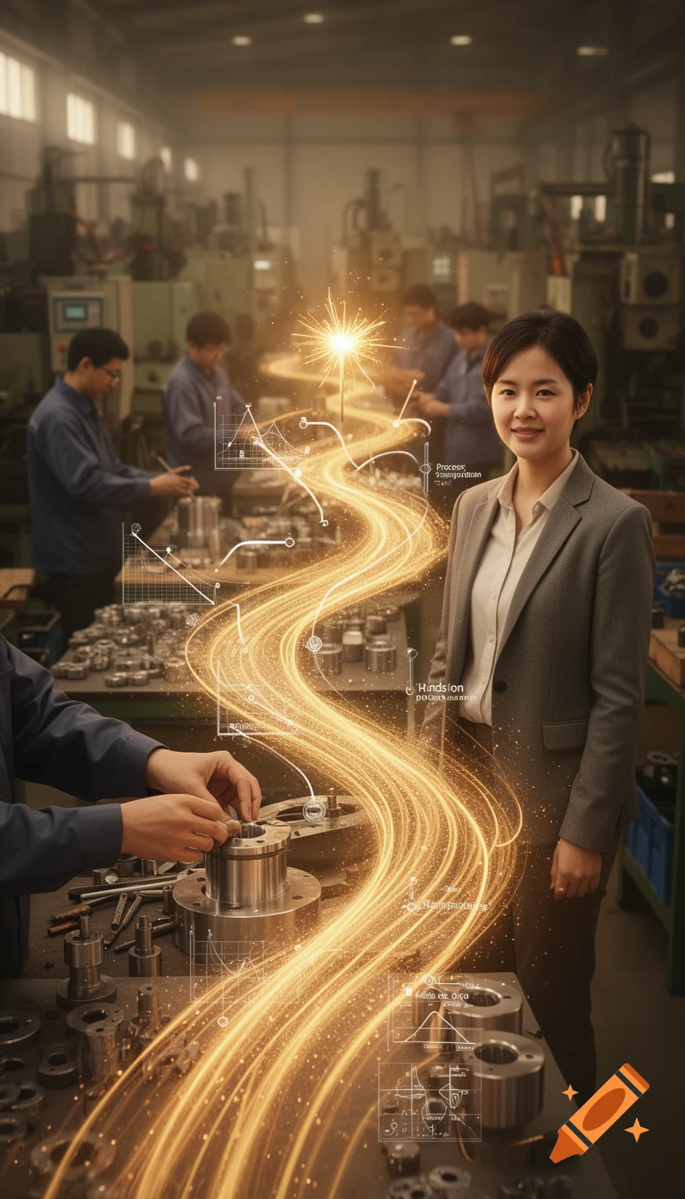 Photorealistic vertical image of a woman in a grey suit standing in a factory with glowing data streams and charts.