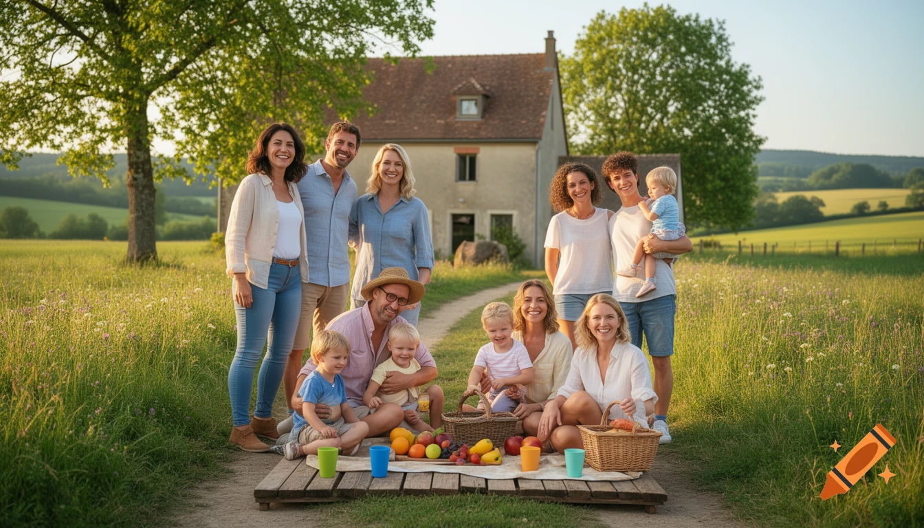 Photorealistic image of a diverse group of adults and children having a picnic in a sunny countryside field with a farmhouse in the background.