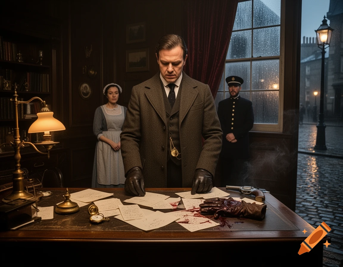 Victorian detective examining bloody letters on a desk in a moody study with a maid and police officer.