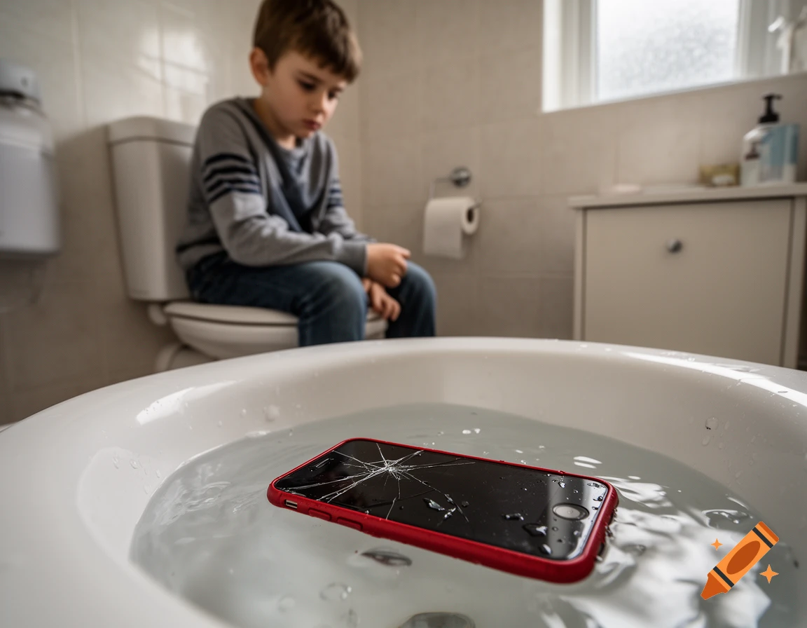 A young boy sits on a toilet in a bathroom, looking down at a red smartphone floating in the toilet bowl filled with water.