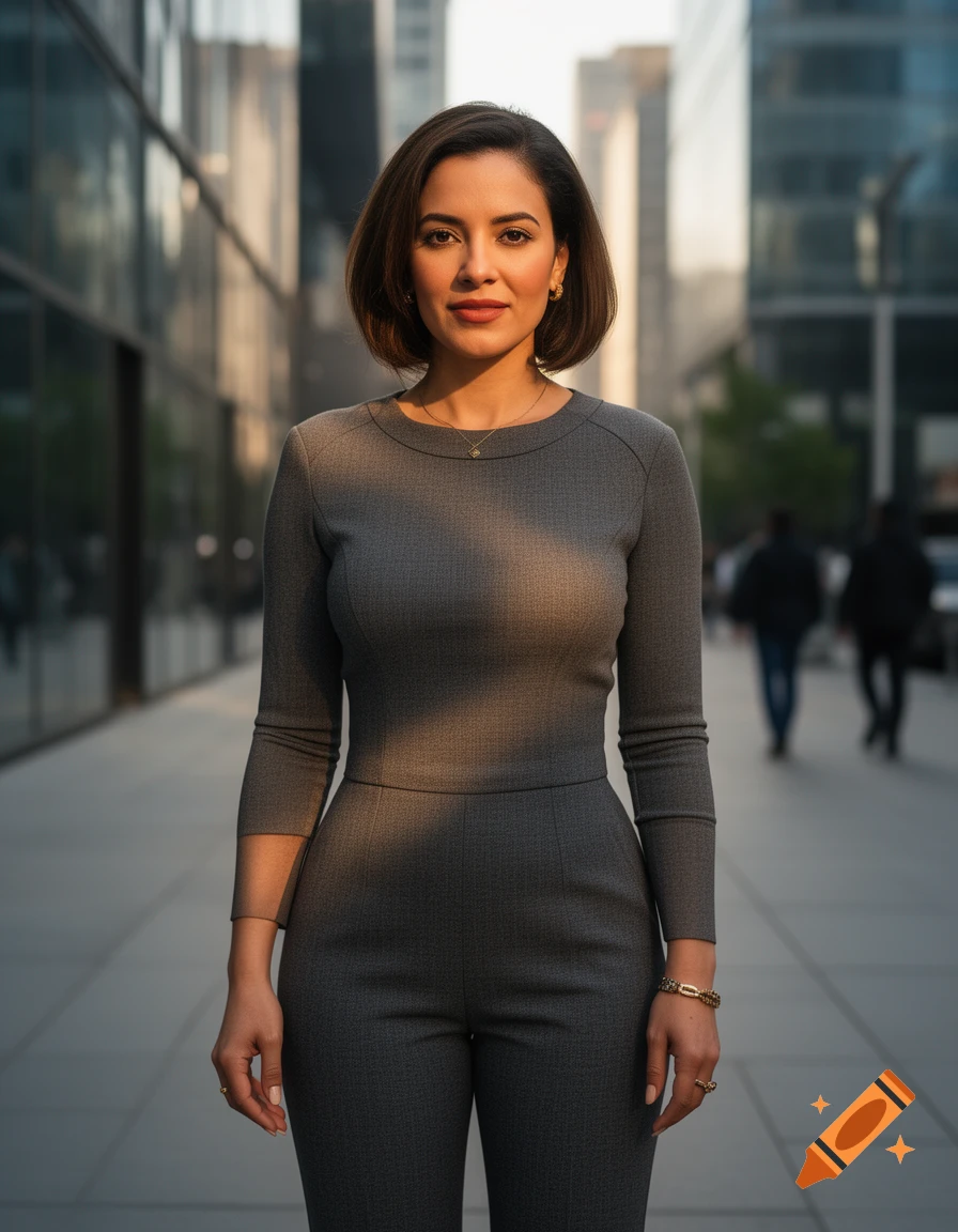 Photorealistic portrait of a woman with short brown hair wearing a grey dress standing on an urban street.
