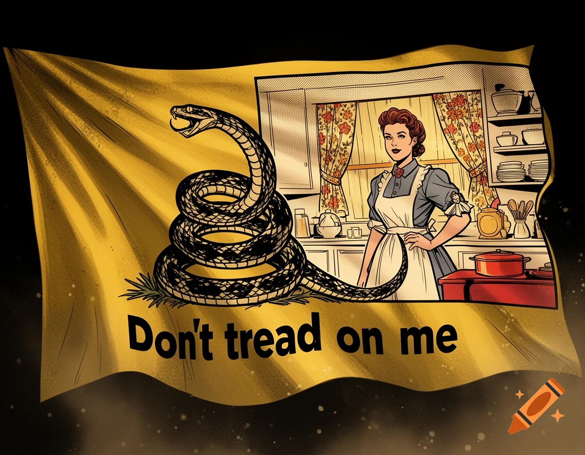 Yellow Gadsden flag with a coiled snake and a pop art comic inset of a trad wife in a kitchen, featuring the text Don't tread on me.