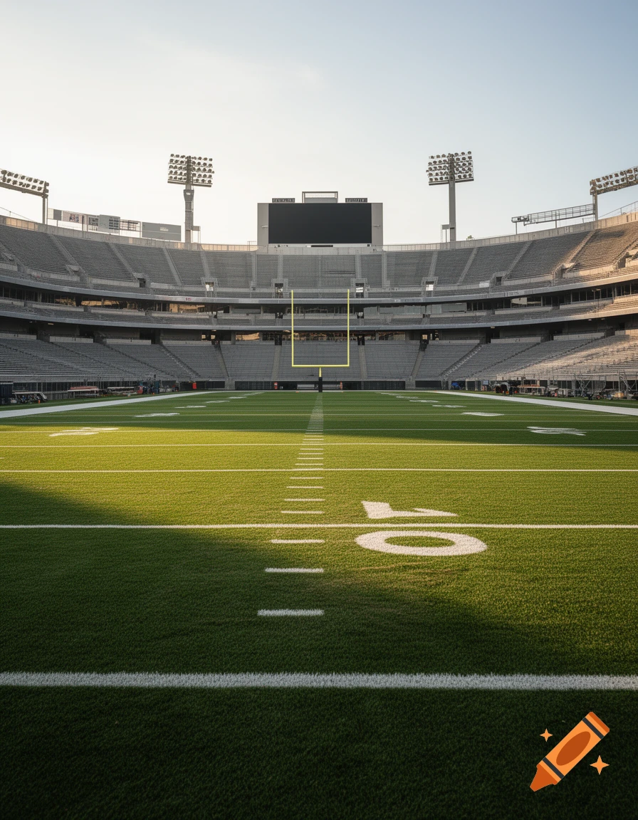 Photorealistic view of an empty American football stadium with green turf field and goalposts under a clear sky.