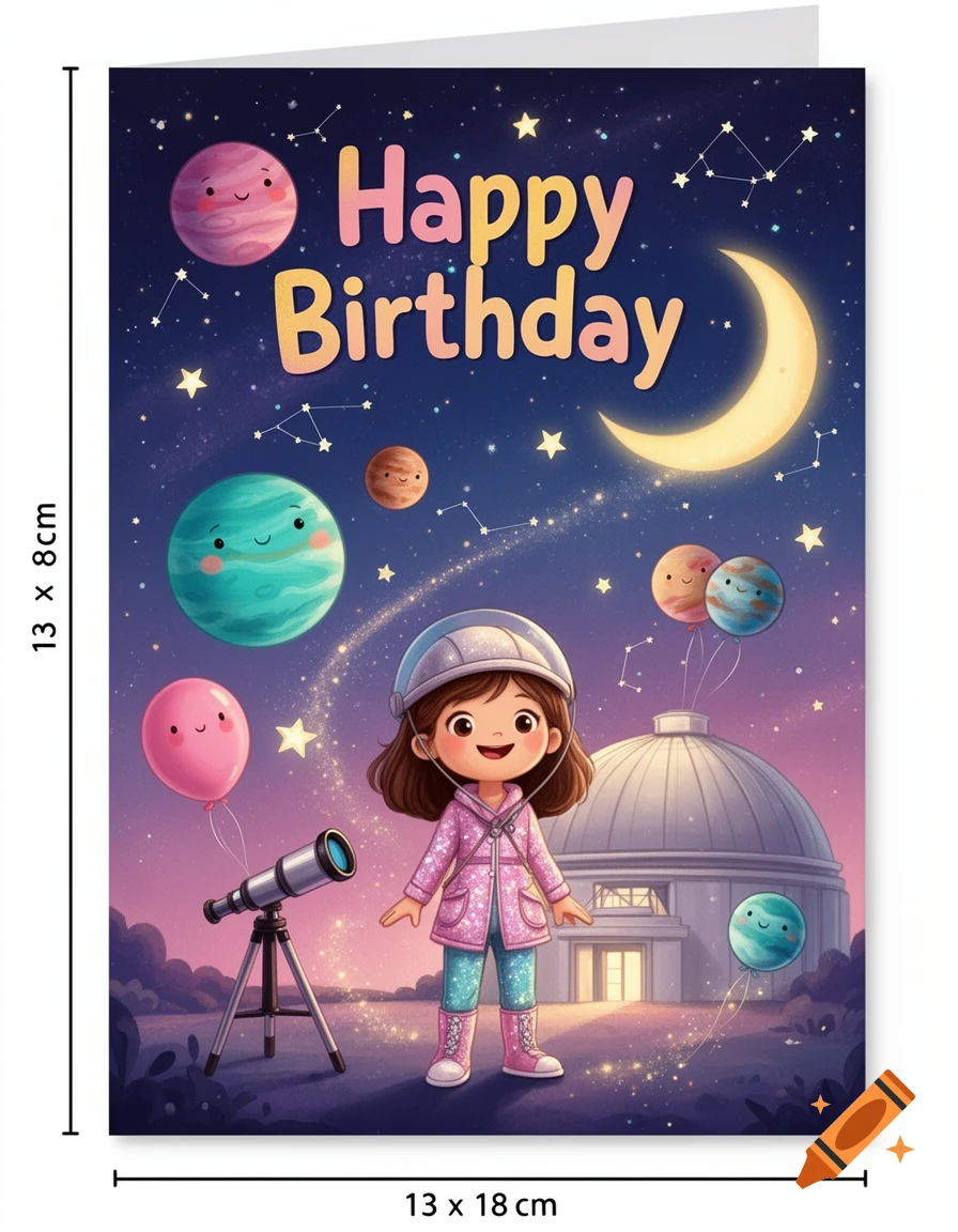 Birthday card illustration featuring a smiling girl in a space suit, planets, telescope, and planetarium under a starry night sky.