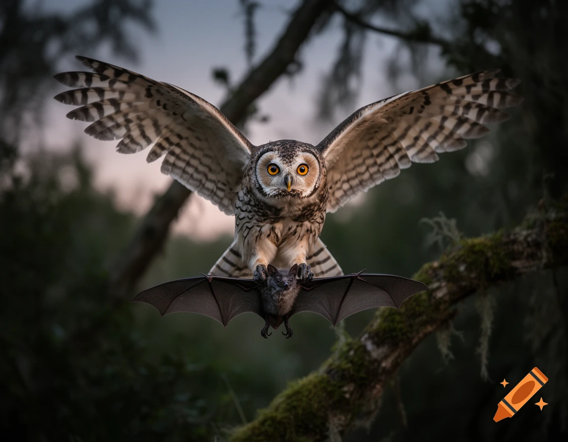 Photorealistic image of a spotted owl with its wings spread wide, holding a bat in its talons against a blurred forest background.