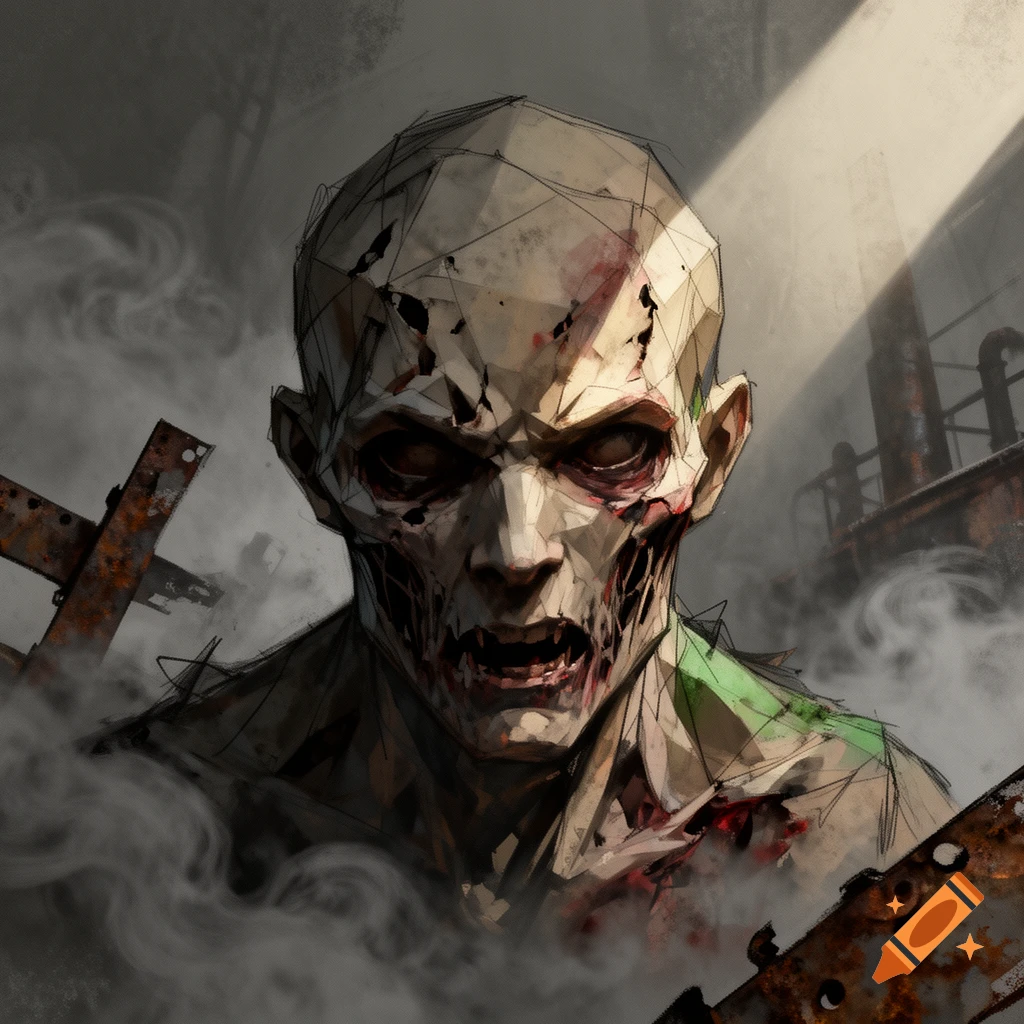 Low poly horror painting of a sketched zombie creature up close in a misty industrial setting.