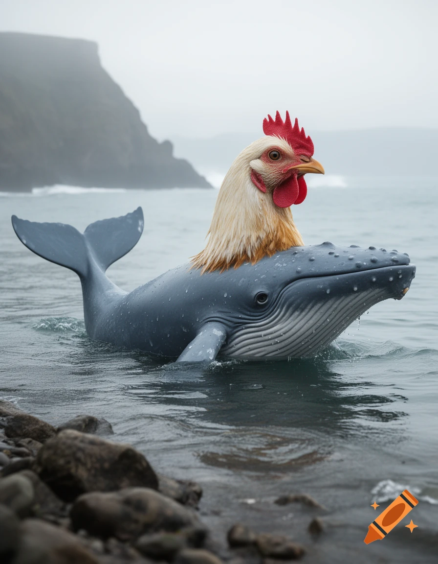 Photorealistic image of a hybrid creature with the head of a rooster and the body of a humpback whale in the sea near a rocky shore.