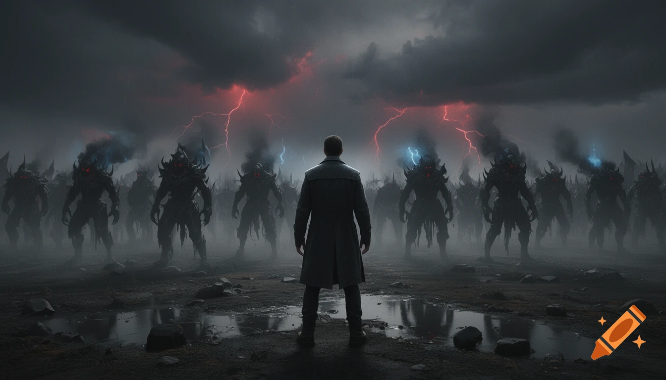 A man in a dark coat standing before an army of shadow demons under a stormy sky with red lightning, photorealistic style.