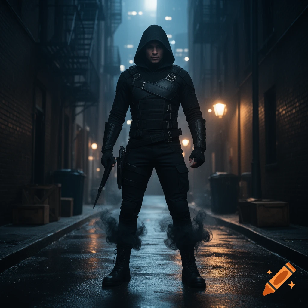 Photorealistic full-body shot of a hooded assassin in black tactical gear holding a blade in a dark alleyway with smoke effects.