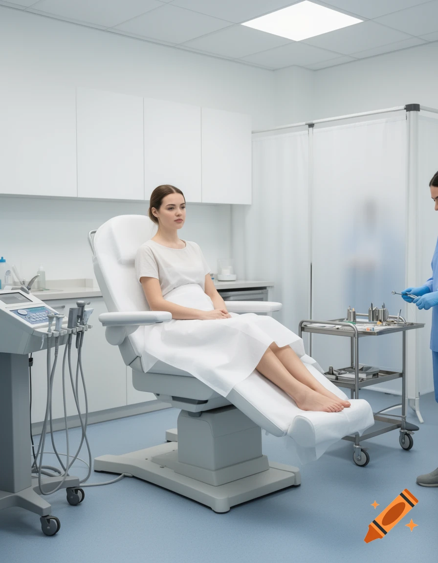 Photorealistic image of a young woman sitting on a gynecological chair in a medical office, with a nurse standing nearby.