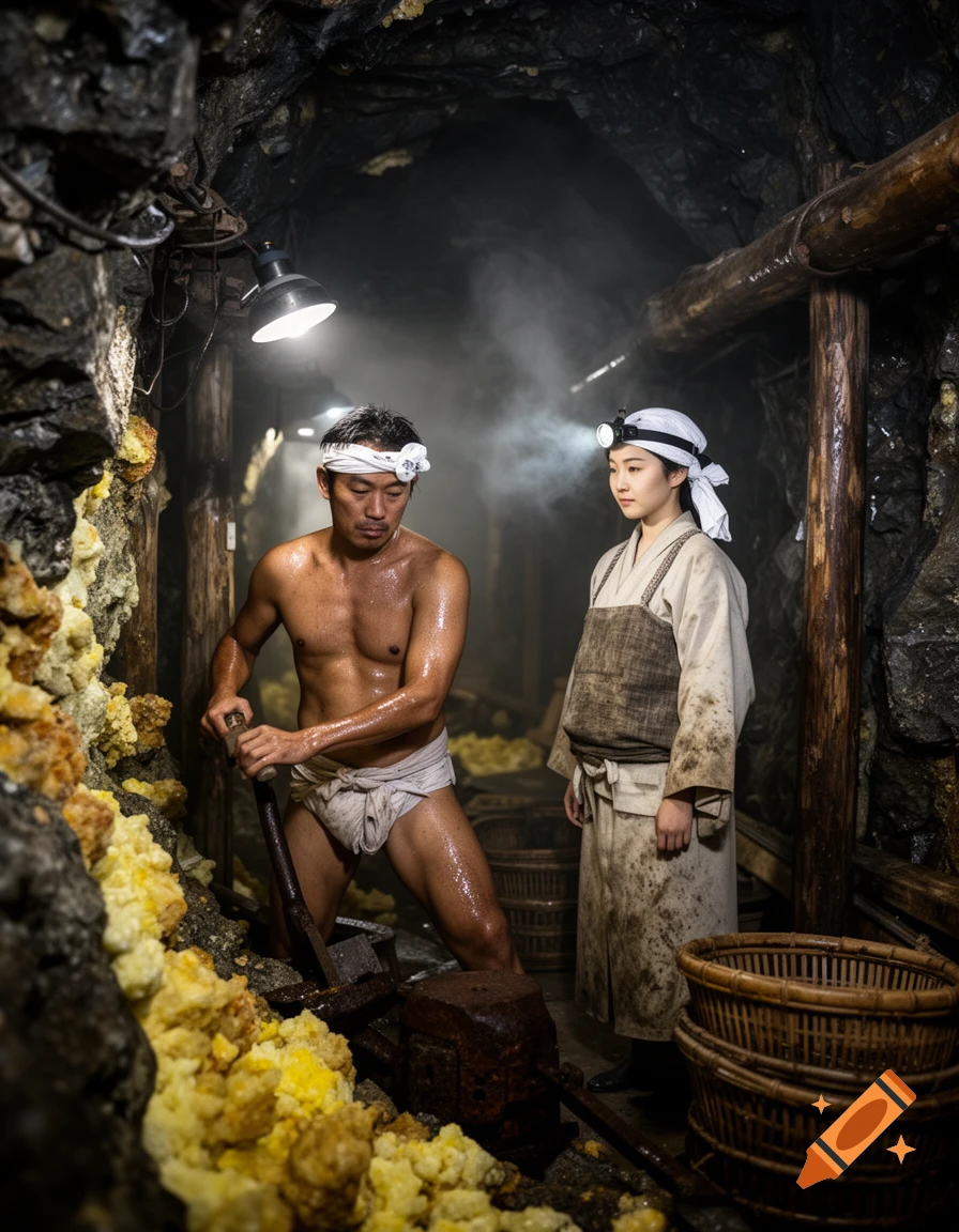 Photorealistic scene of a shirtless man mining sulfur with a shovel and a woman watching in a dark underground mine.