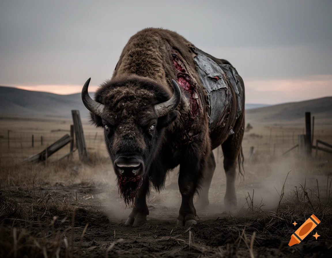 Photorealistic image of a zombie American buffalo with exposed ribs and bloody mouth standing in a barren landscape.