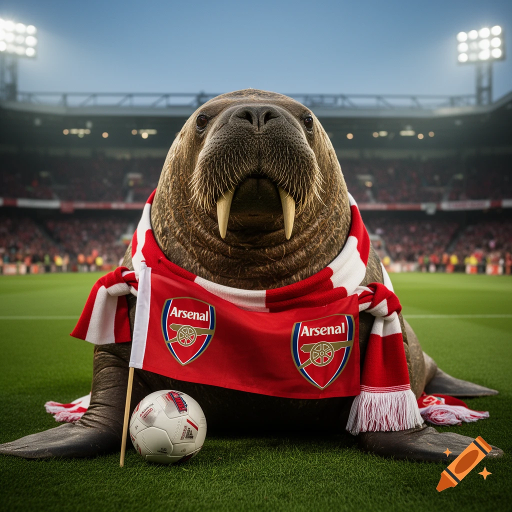 A photorealistic walrus wearing an Arsenal scarf and sitting on a soccer field in a stadium.