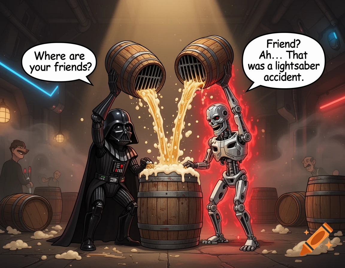 Digital cartoon of Darth Vader and a Terminator robot pouring beer into a central barrel in a dim tavern, with speech bubbles.
