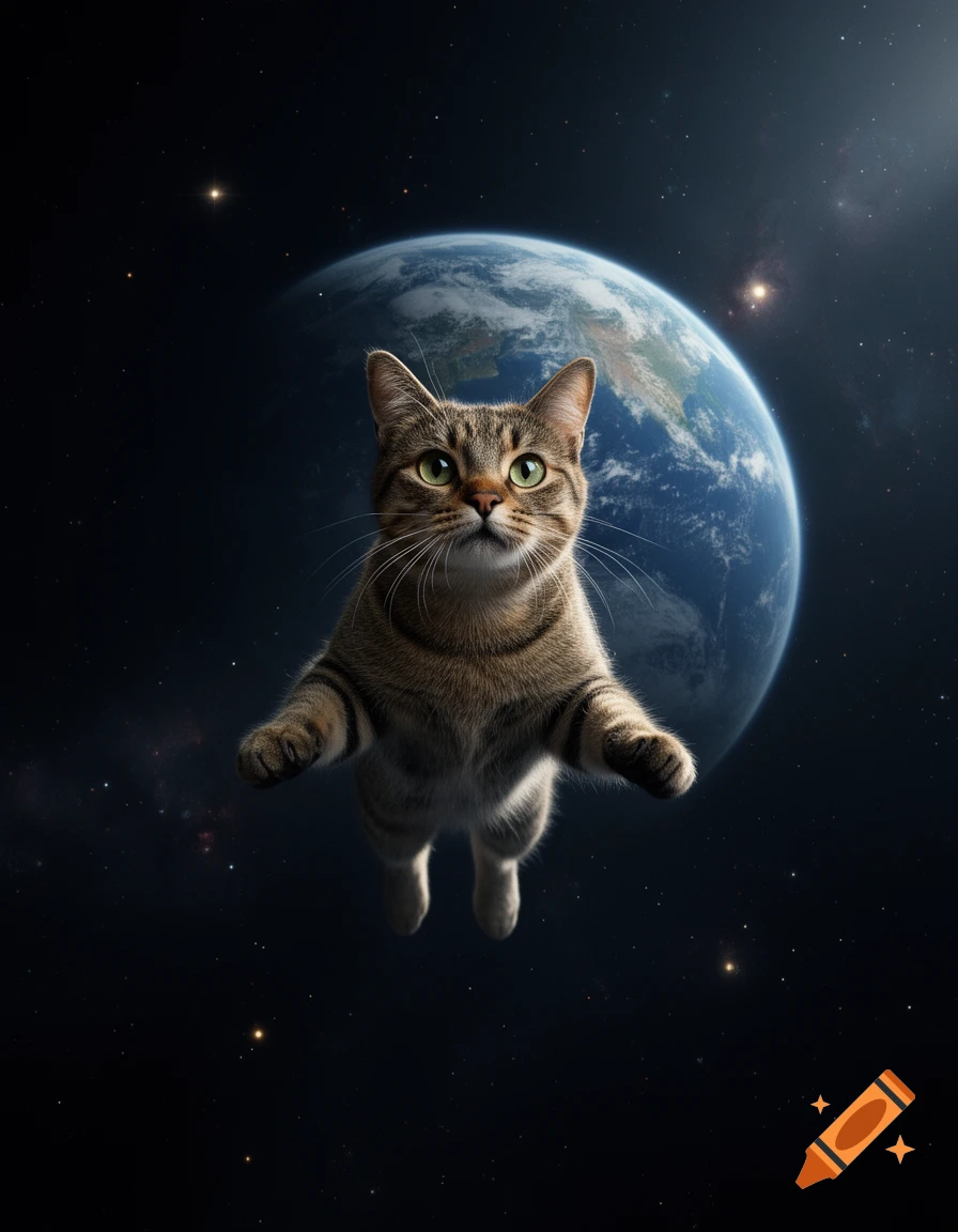Photorealistic tabby cat floating in outer space with planet Earth in the background.