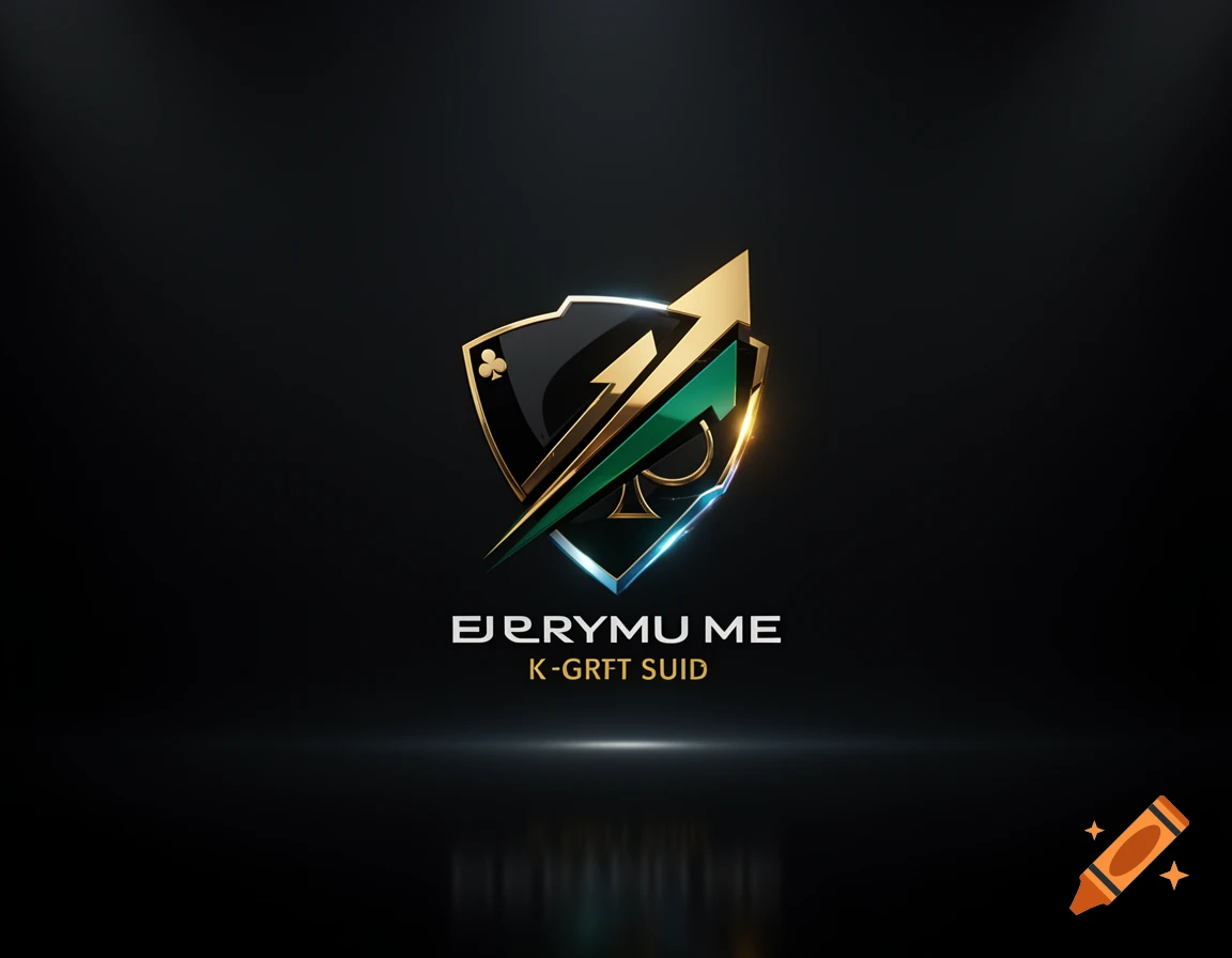 Sleek 3D shield logo with a green and gold arrow, featuring garbled text below on a dark background.
