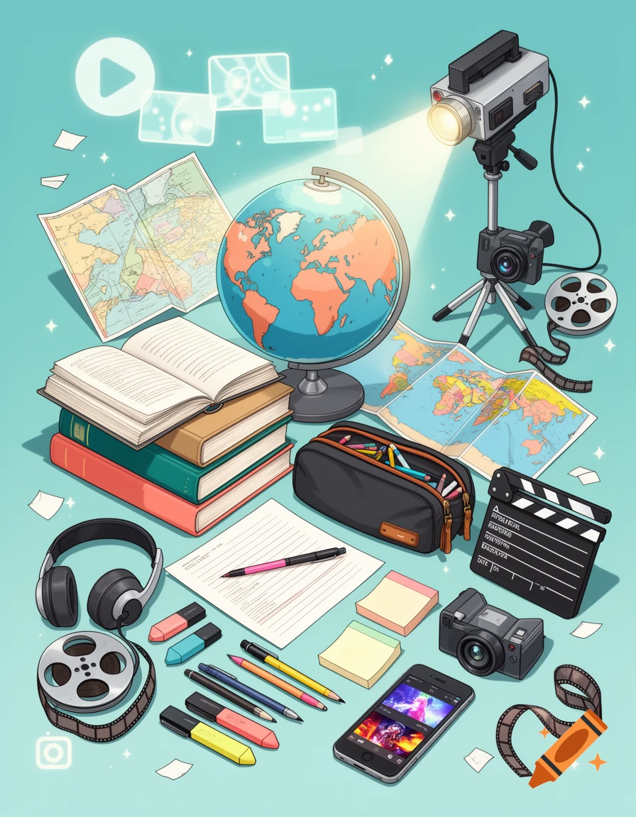 Digital illustration of a high school student's study kit with books, a globe, camera, film, and stationery on a turquoise background.
