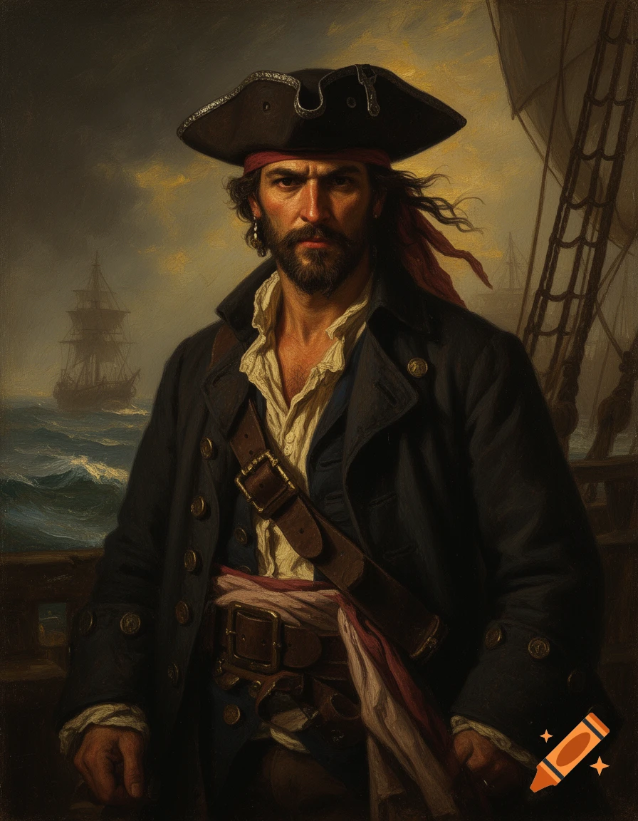 Oil painting of a rugged male pirate with a beard, tricorn hat, and coat on a ship deck.