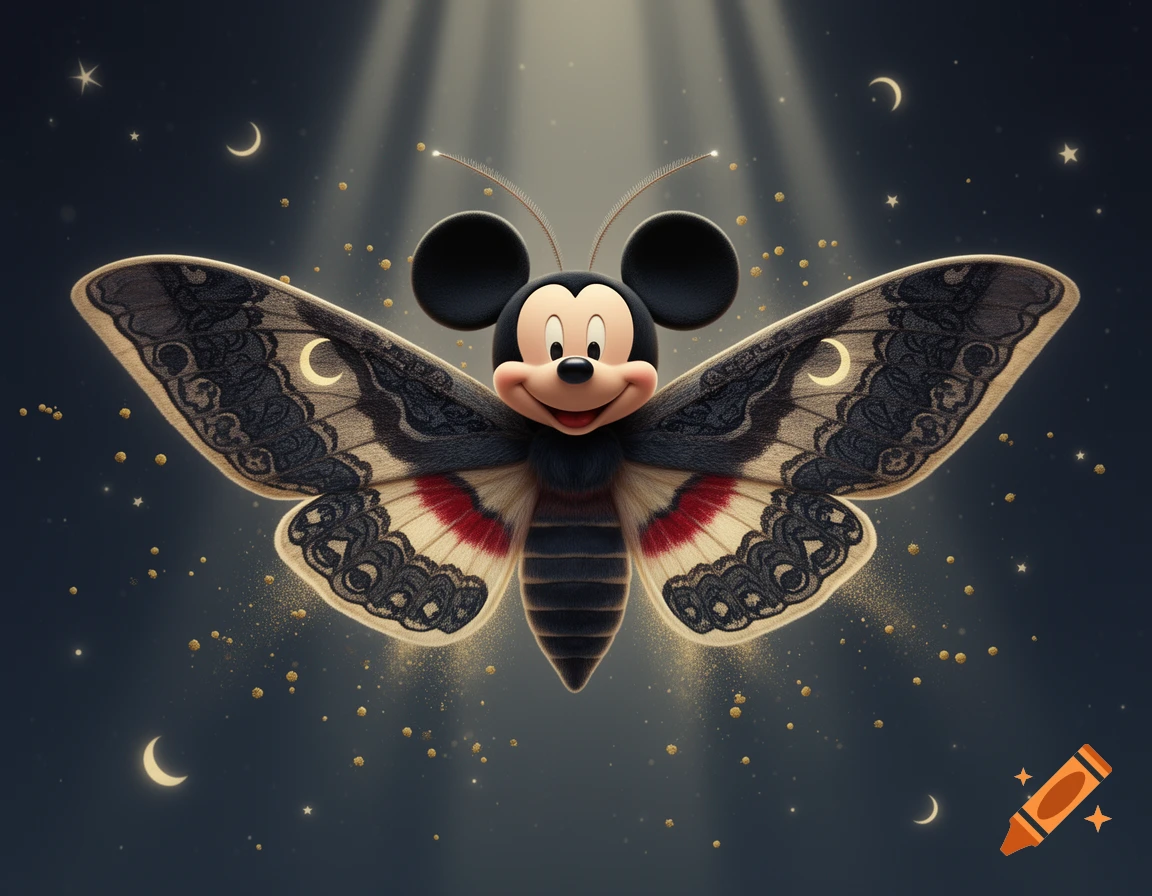 Moth with a Mickey Mouse head against a dark starry background with light rays.