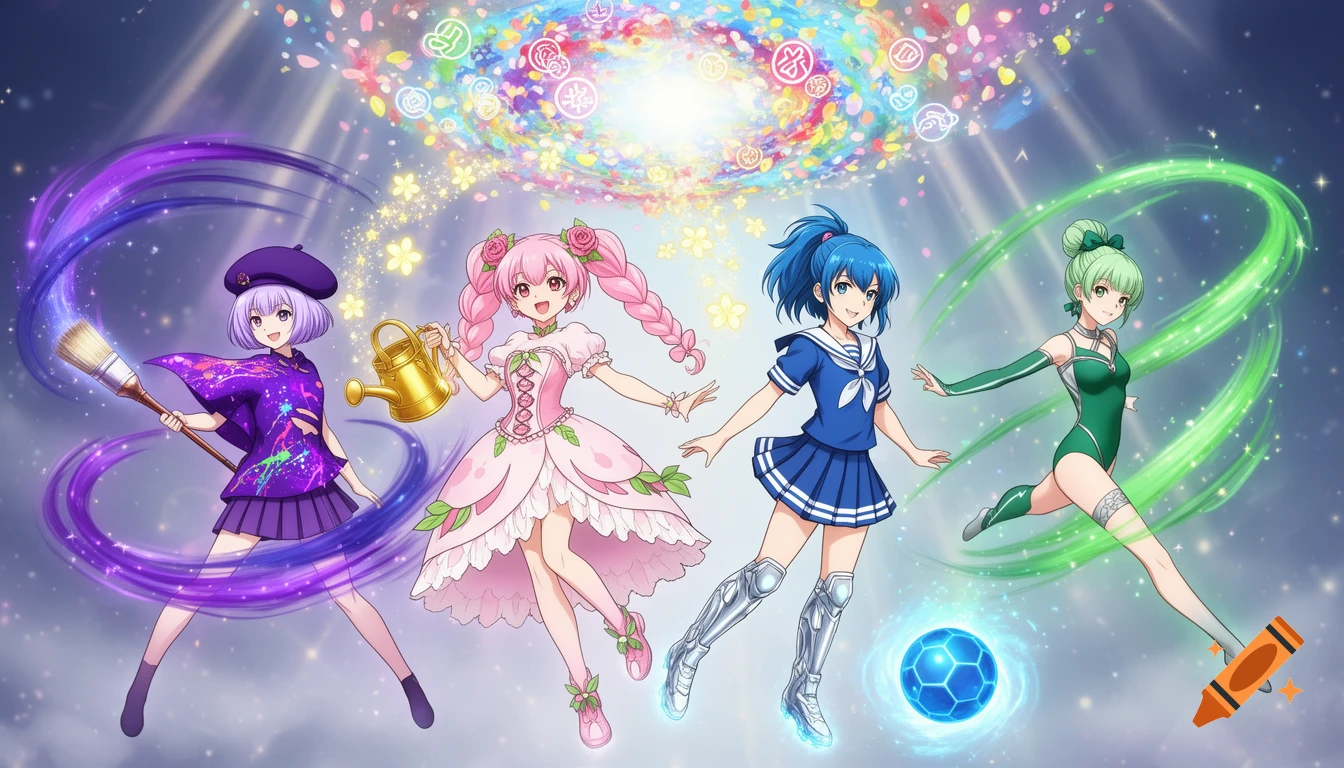 An anime key visual of four magical girls in vibrant costumes with glowing auras under a swirling galaxy background.