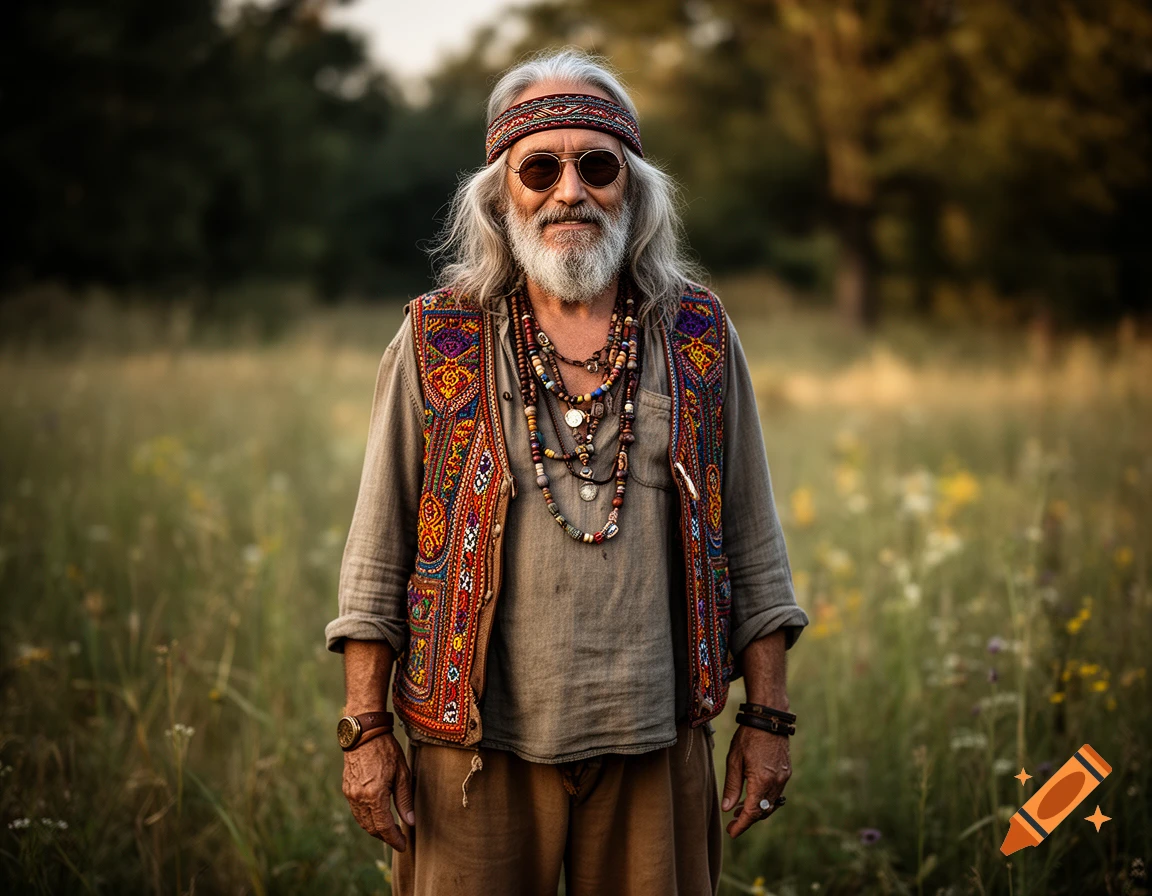 Photorealistic portrait of a 70-year-old hippie man with long grey hair, a headband, and sunglasses standing in a grassy field.