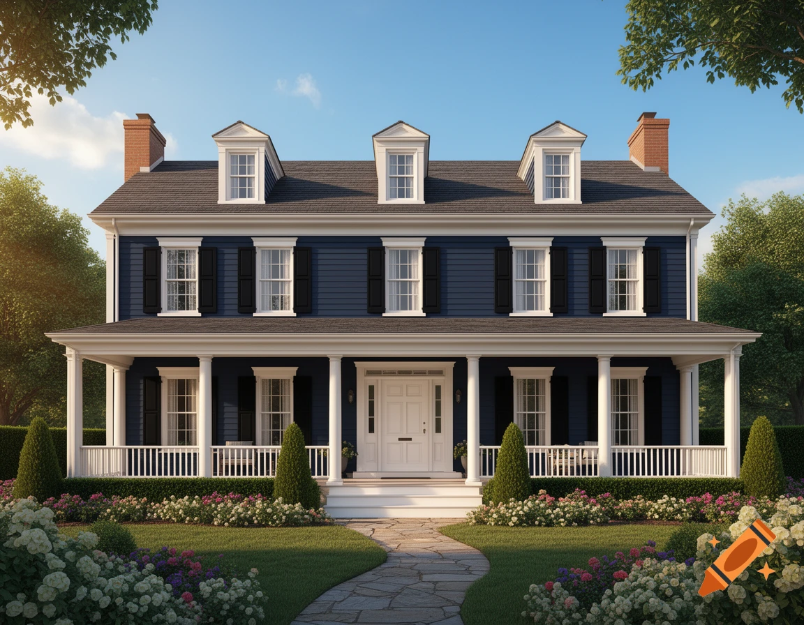 Photorealistic image of a two-story navy blue colonial house with white trim, black shutters, and a front porch.