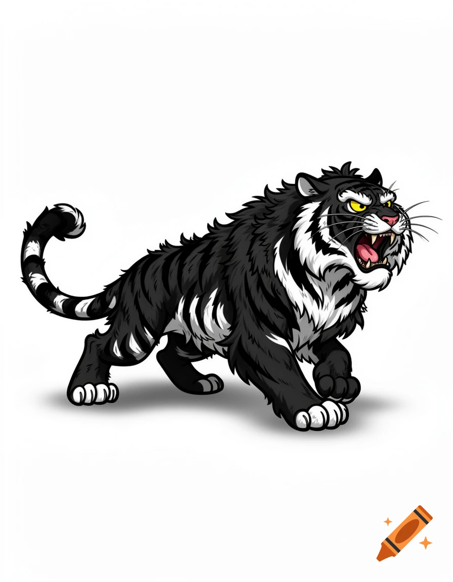 Cartoon illustration of a growling black tiger with white stripes and shaggy fur against a white background.