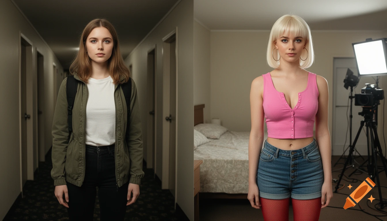 Split image showing the same young woman in two different outfits and settings, photorealistic style.