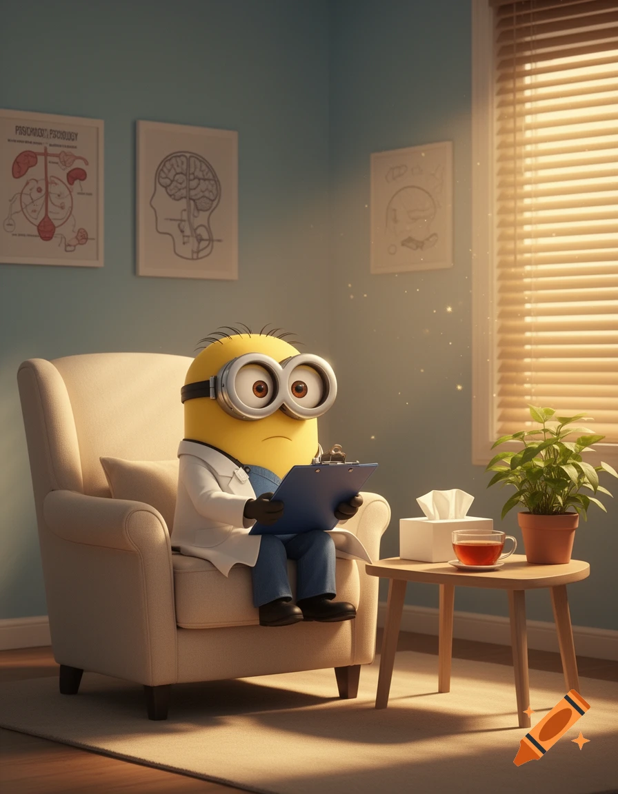 3D render of a yellow Minion dressed as a therapist, sitting in an armchair with a clipboard in a cozy office.
