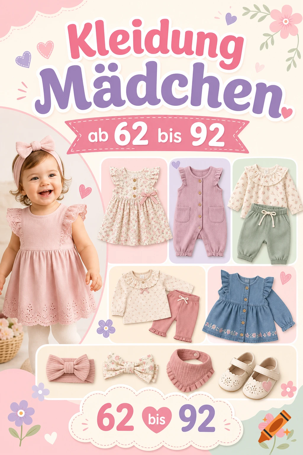 Promotional poster displaying baby girl clothes, dresses, shoes, and accessories with German text.