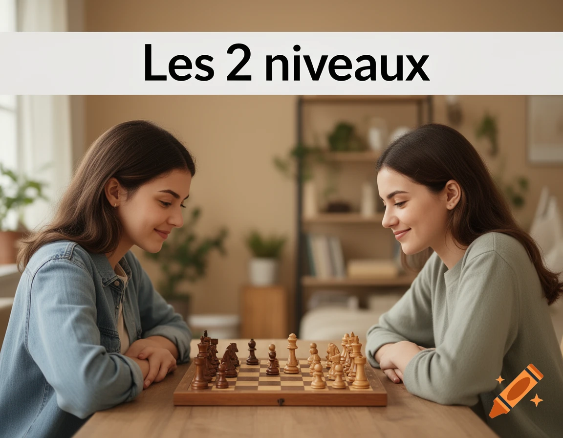 Two young women smiling while playing a game of chess together at a wooden table indoors, photorealistic.