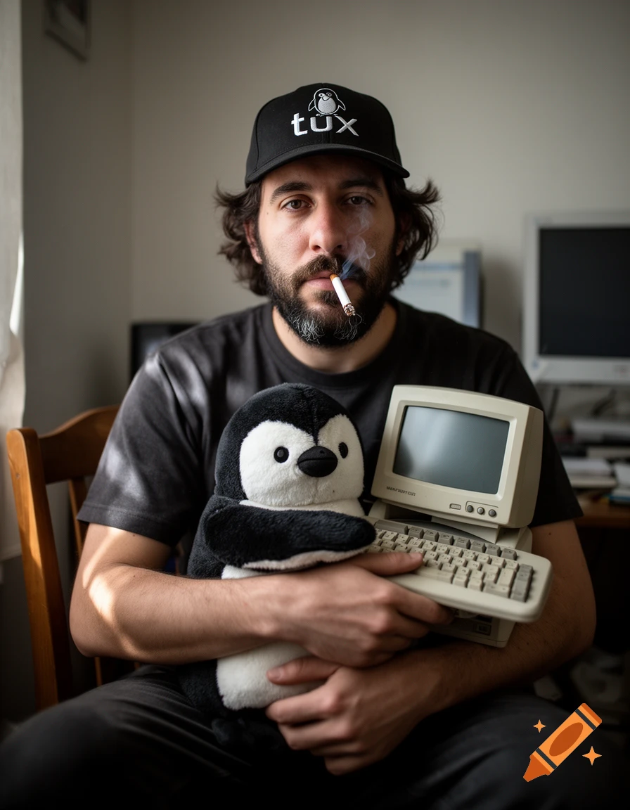Photorealistic image of a man wearing a Tux cap and smoking a cigarette while holding a penguin plush and a retro PC.