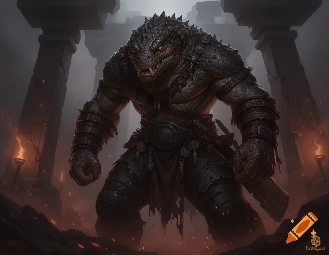 Digital painting of a muscular, scaly Iksar lizard warrior in an intimidating pose inside a stone temple ruin.