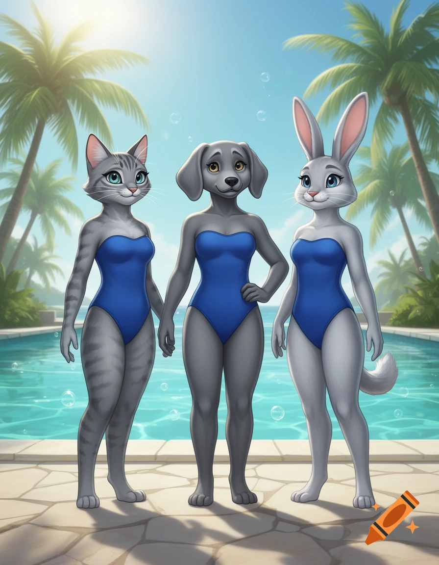 An anthropomorphic gray cat, dog, and rabbit in blue swimsuits standing by a pool with palm trees in the background.