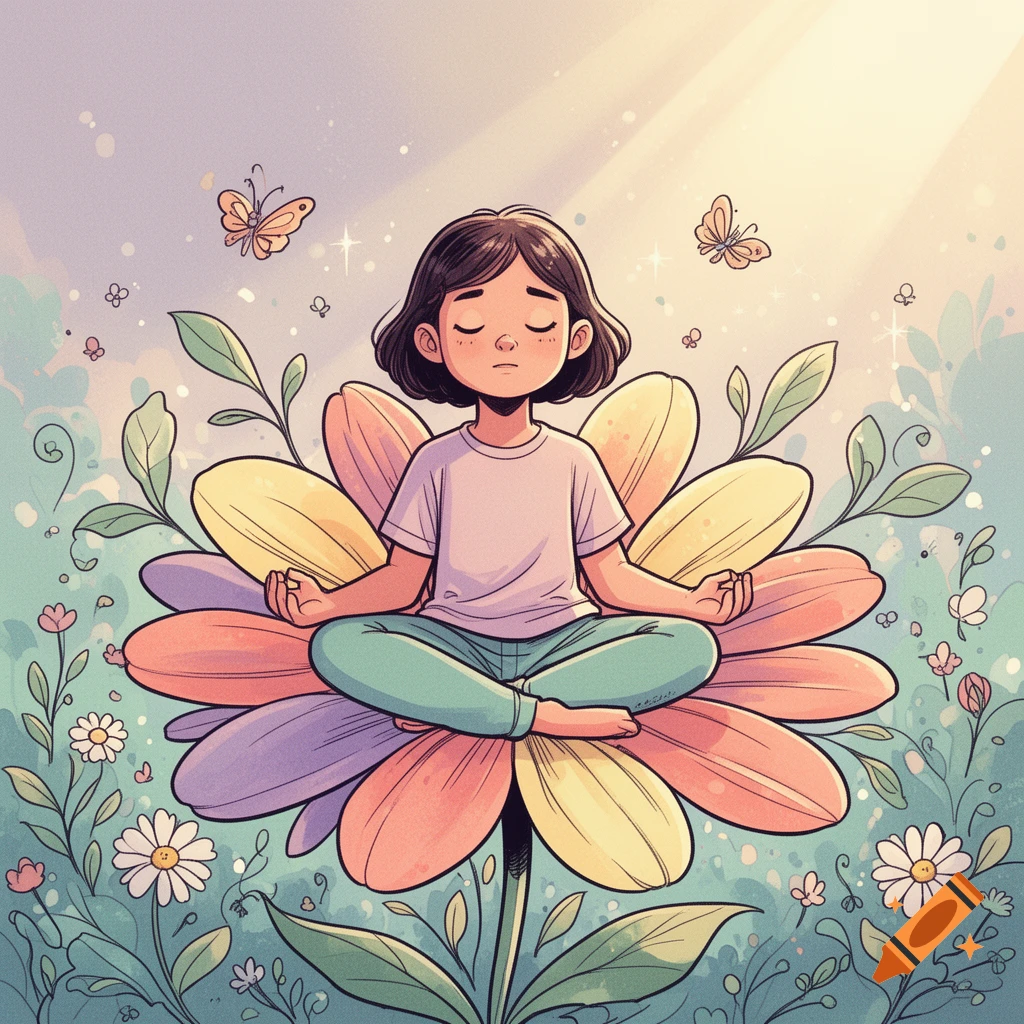Comic style illustration of a young girl meditating sitting on a large colorful flower surrounded by butterflies and nature.