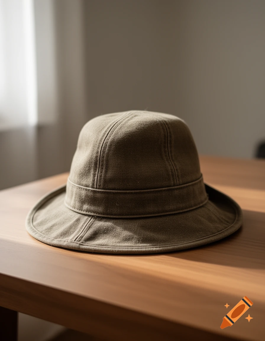 Photorealistic image of a khaki bucket hat resting on a wooden table.