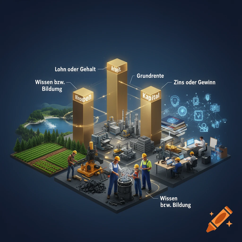 3D isometric illustration of economic production factors featuring pillars for labor, capital, and knowledge with workers.