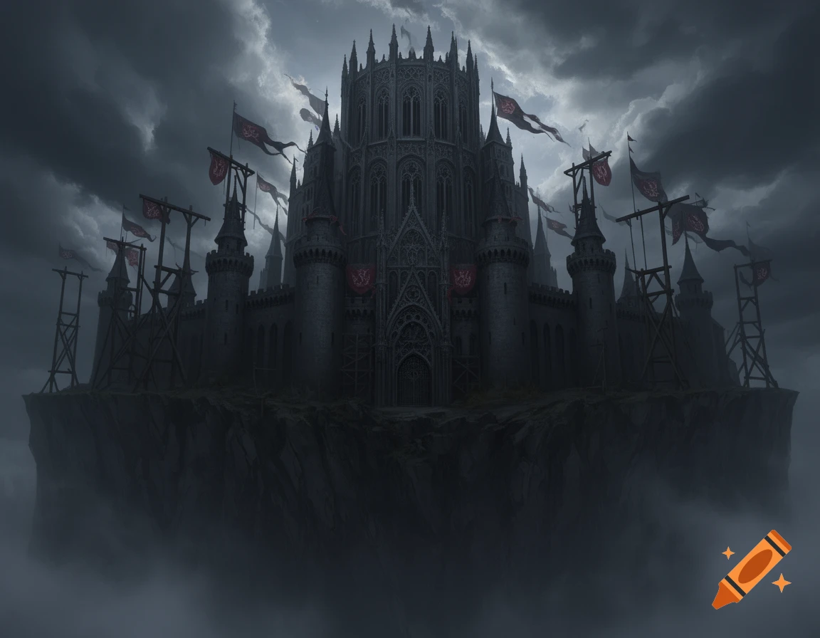 Dark gothic floating castle on a cliff with towers and gibbets, under a stormy sky.