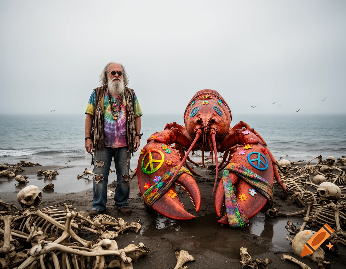 Photorealistic image of an old hippie man and a giant decorated lobster standing on a beach covered in human skeletons, looking out to sea.