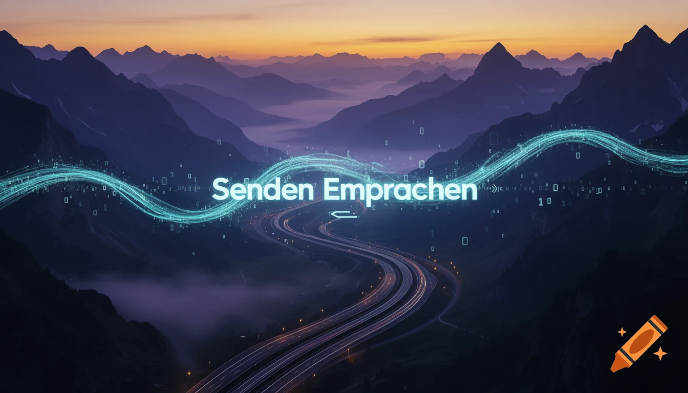 An aerial view of a winding highway through mountain ranges at dusk, with glowing digital waves and binary code data streams floating across the scene.