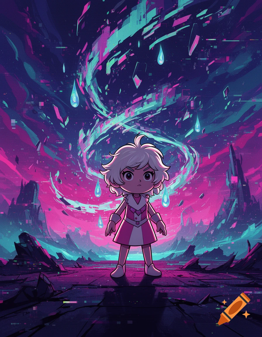 An anime-style character standing on a desolate planet against a cosmic background with glowing purple and blue energy streams.