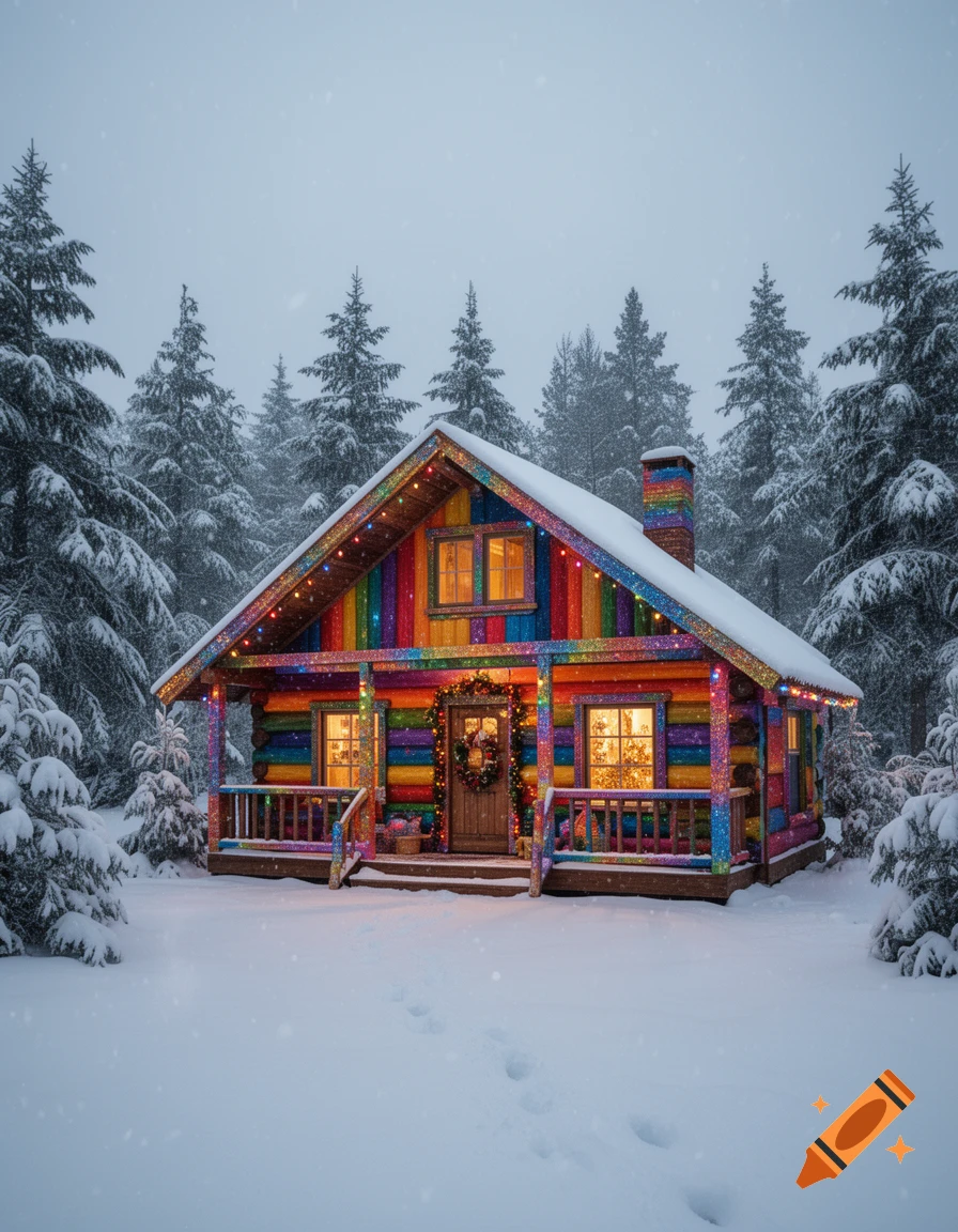 Photorealistic snowy pine forest surrounding a vibrant rainbow and glitter painted log cabin with Christmas lights.